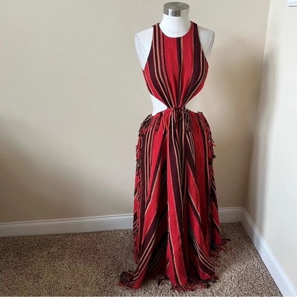 Ulla Johnson Caterina Red Black Stripe Fringed Maxi Dress 17882 - Picture 4 of 12